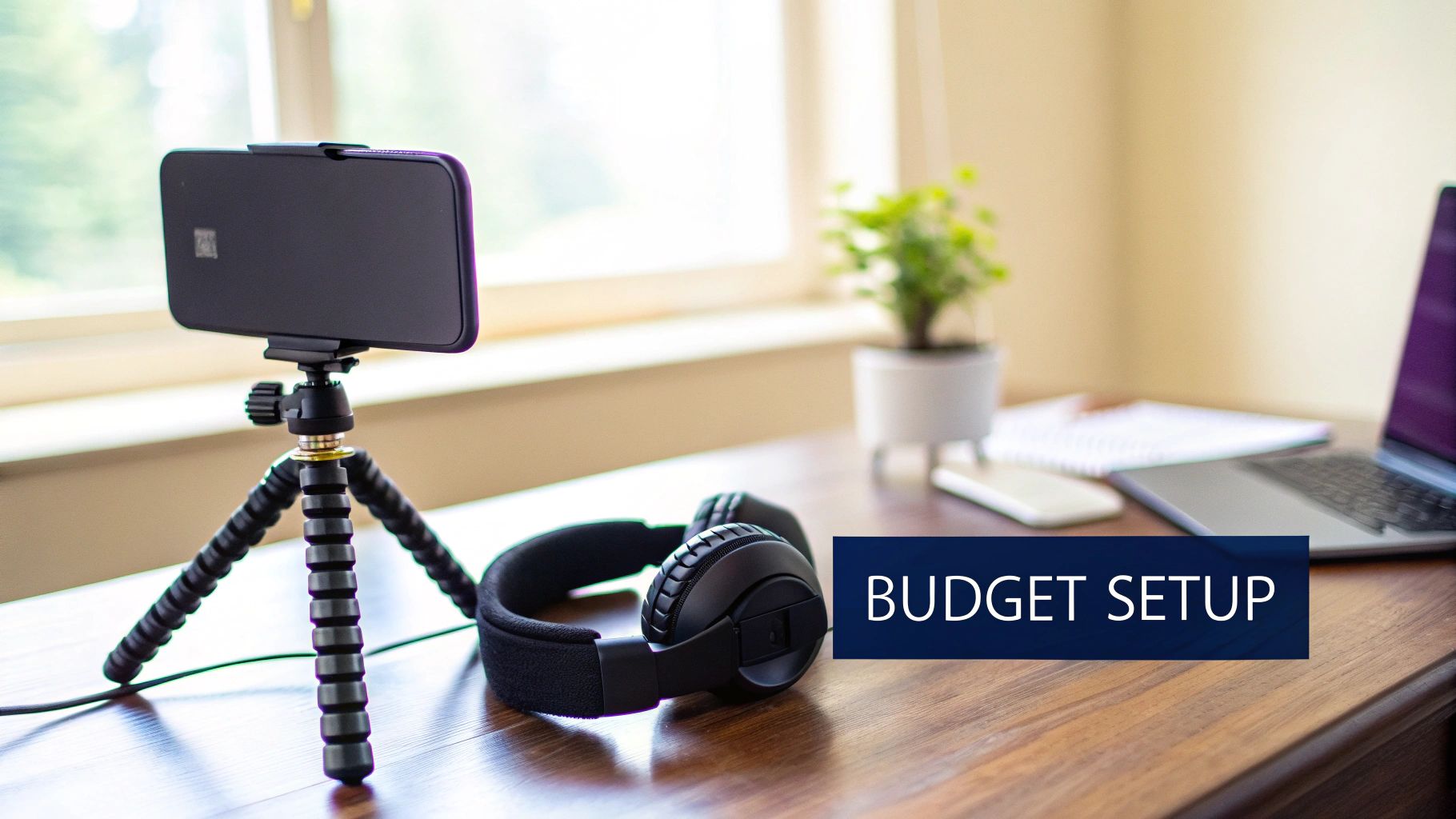 A budget video setup with a smartphone on a tripod, headphones, and laptop on a wooden desk.