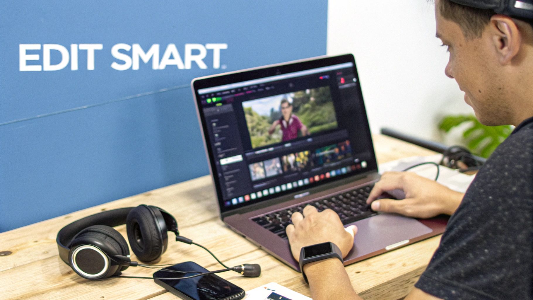 A man editing a video on a laptop, wearing headphones and a smartwatch on a wooden desk.