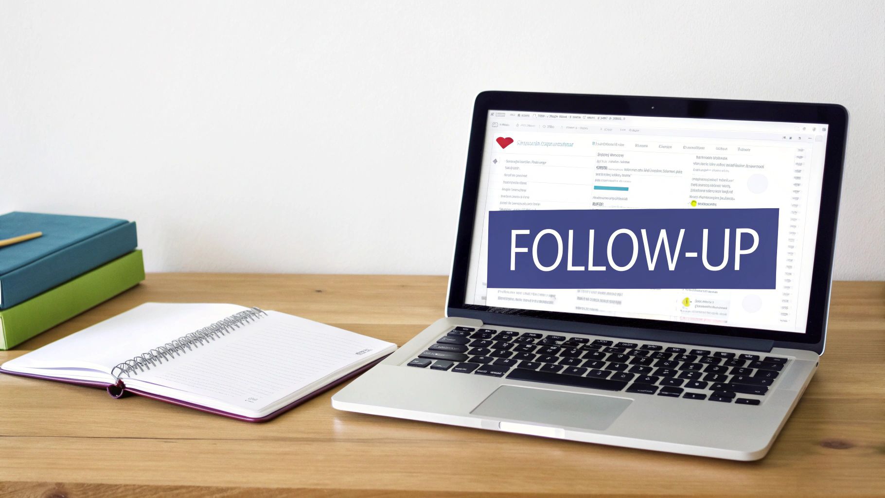 Laptop displaying 'FOLLOW-UP' on screen, with an open notebook and books on a wooden desk.