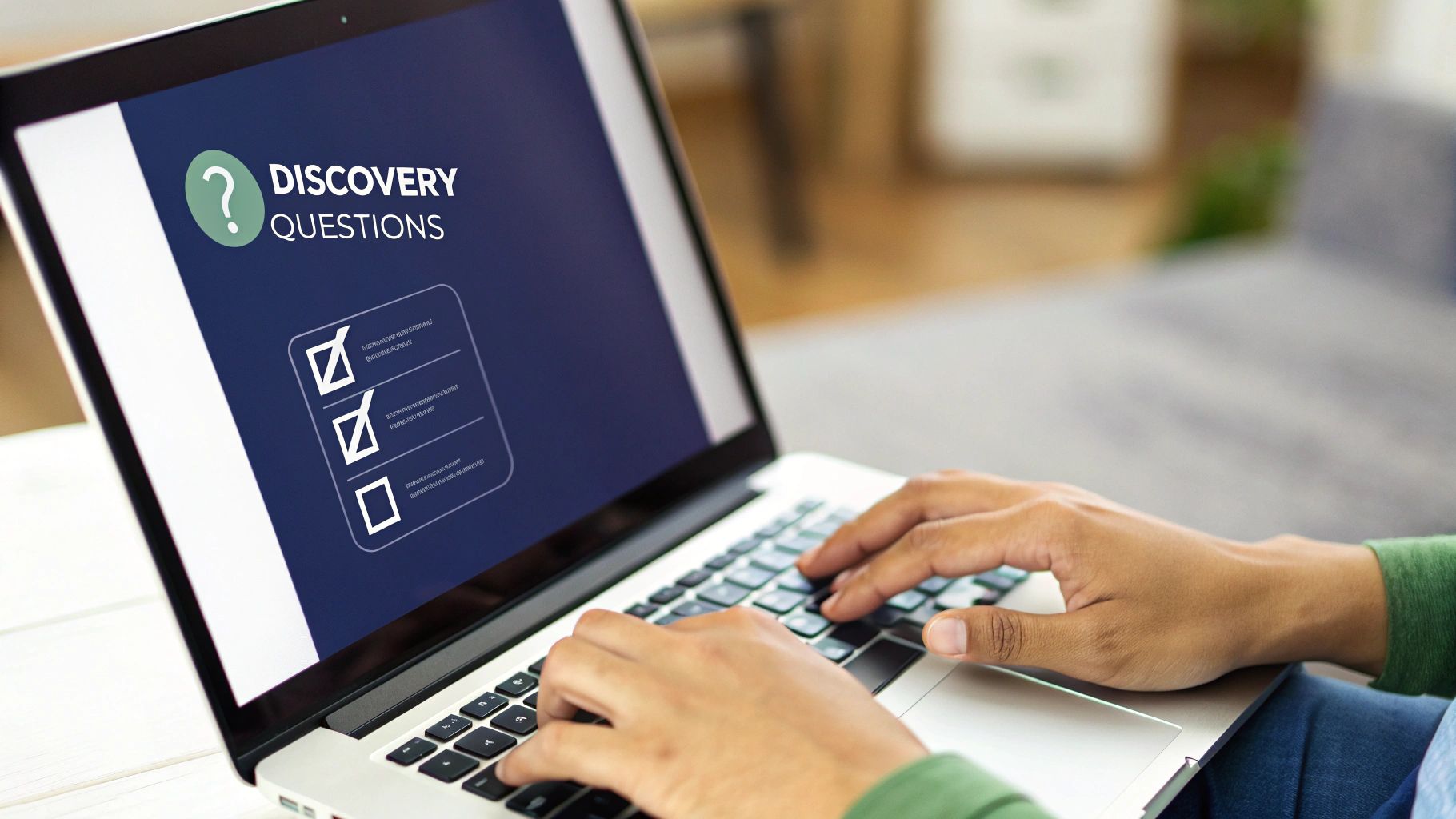 A person's hands are typing on a laptop showing a 'Discovery Questions' checklist.