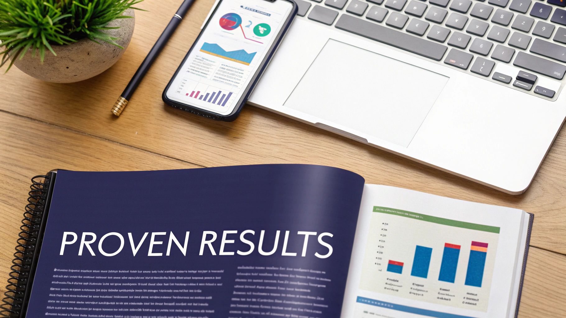 Flat lay of a professional desk with a laptop, phone displaying analytics, and a magazine open to 'PROVEN RESULTS'.