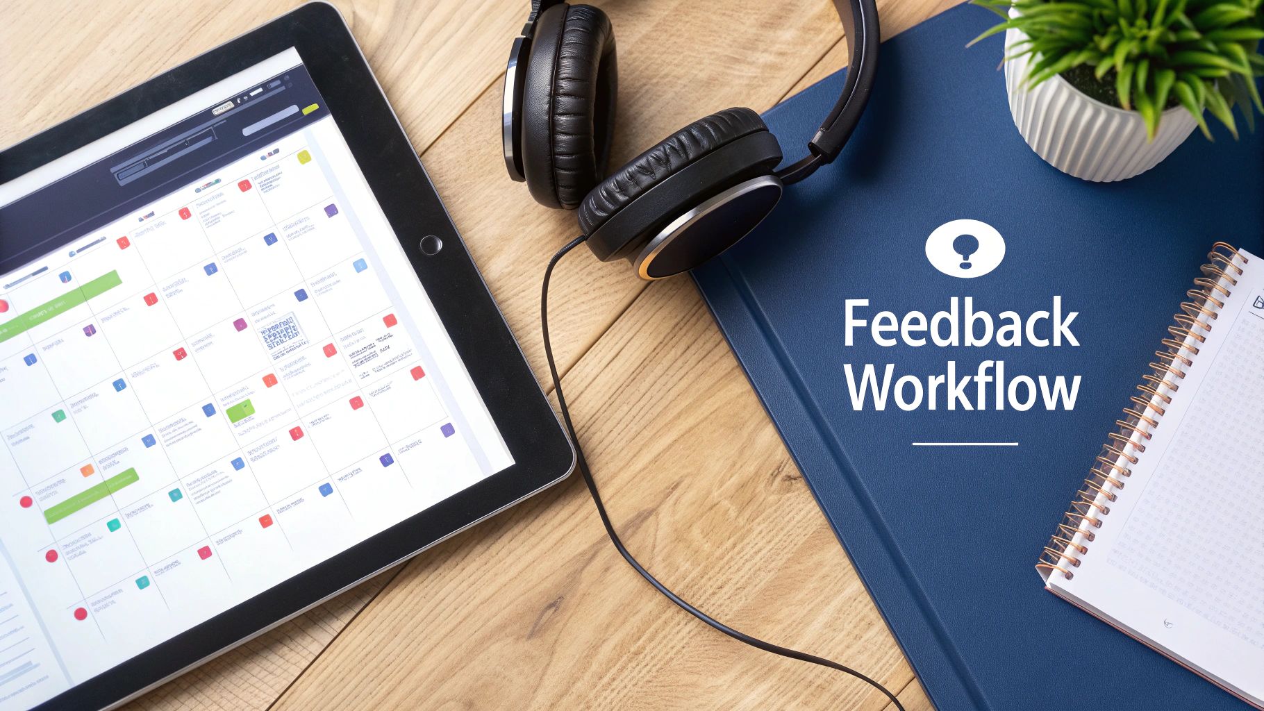 Overhead shot of a wooden desk with a tablet, headphones, 'Feedback Workflow' folder, notebook, and plant.