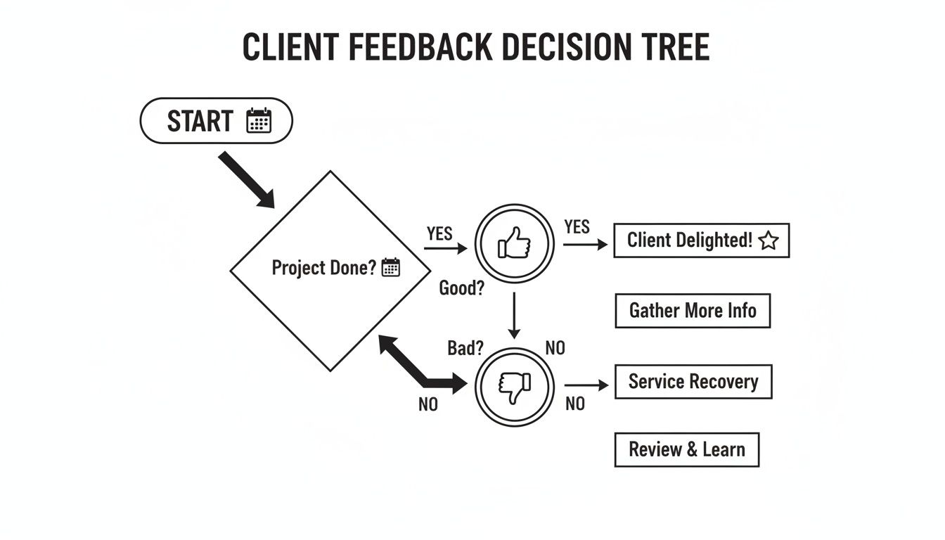 Flowchart illustrating a client feedback decision tree, from project completion to service recovery.