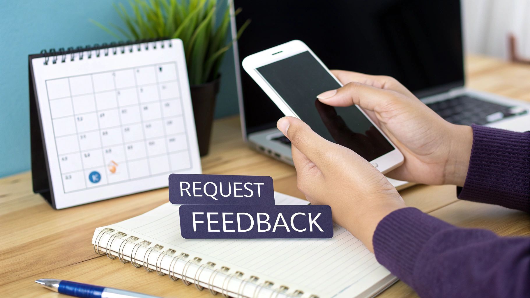 Hands hold a smartphone while 'REQUEST FEEDBACK' blocks are on a notebook, signifying communication.