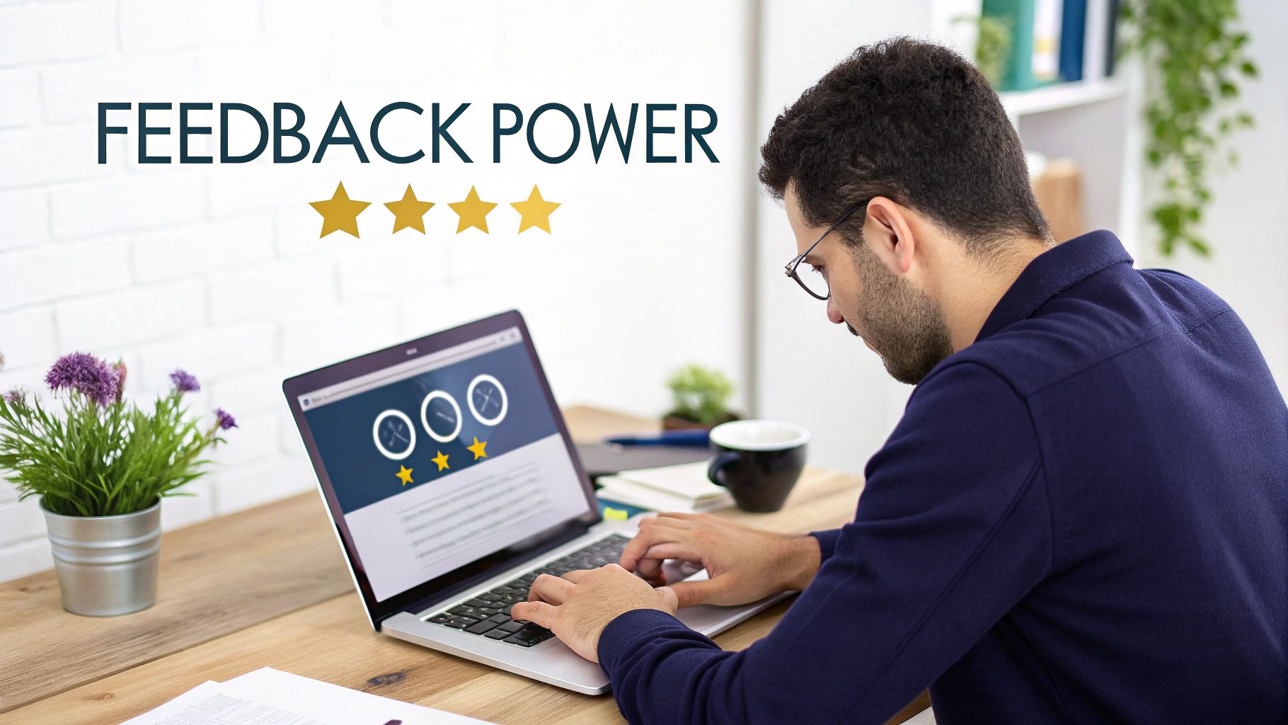 A man typing on a laptop, providing feedback with a star rating system, showing 'Feedback Power'.