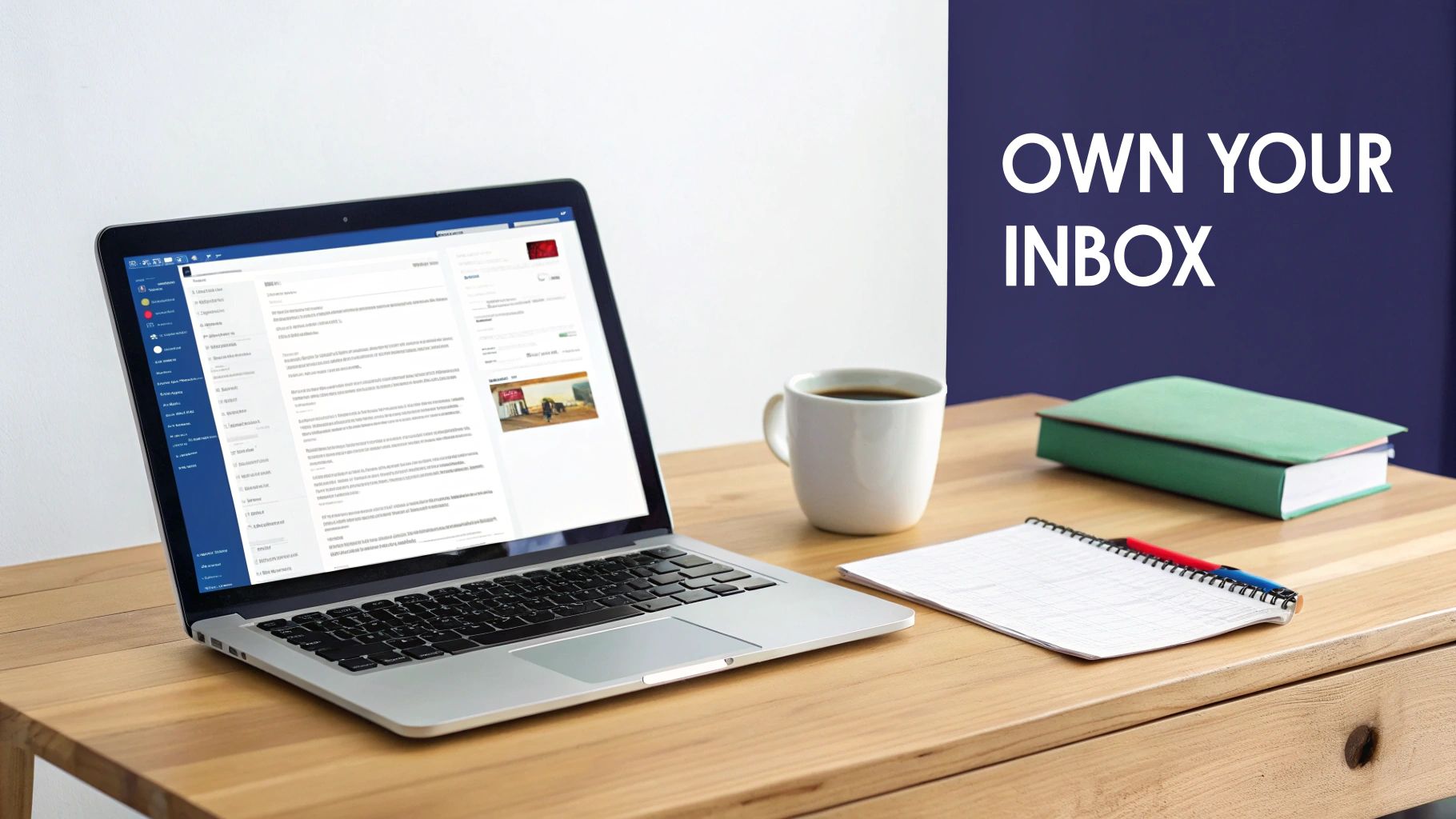 Laptop on a wooden desk with a coffee mug, notebook, and book, with 'OWN YOUR INBOX' text.