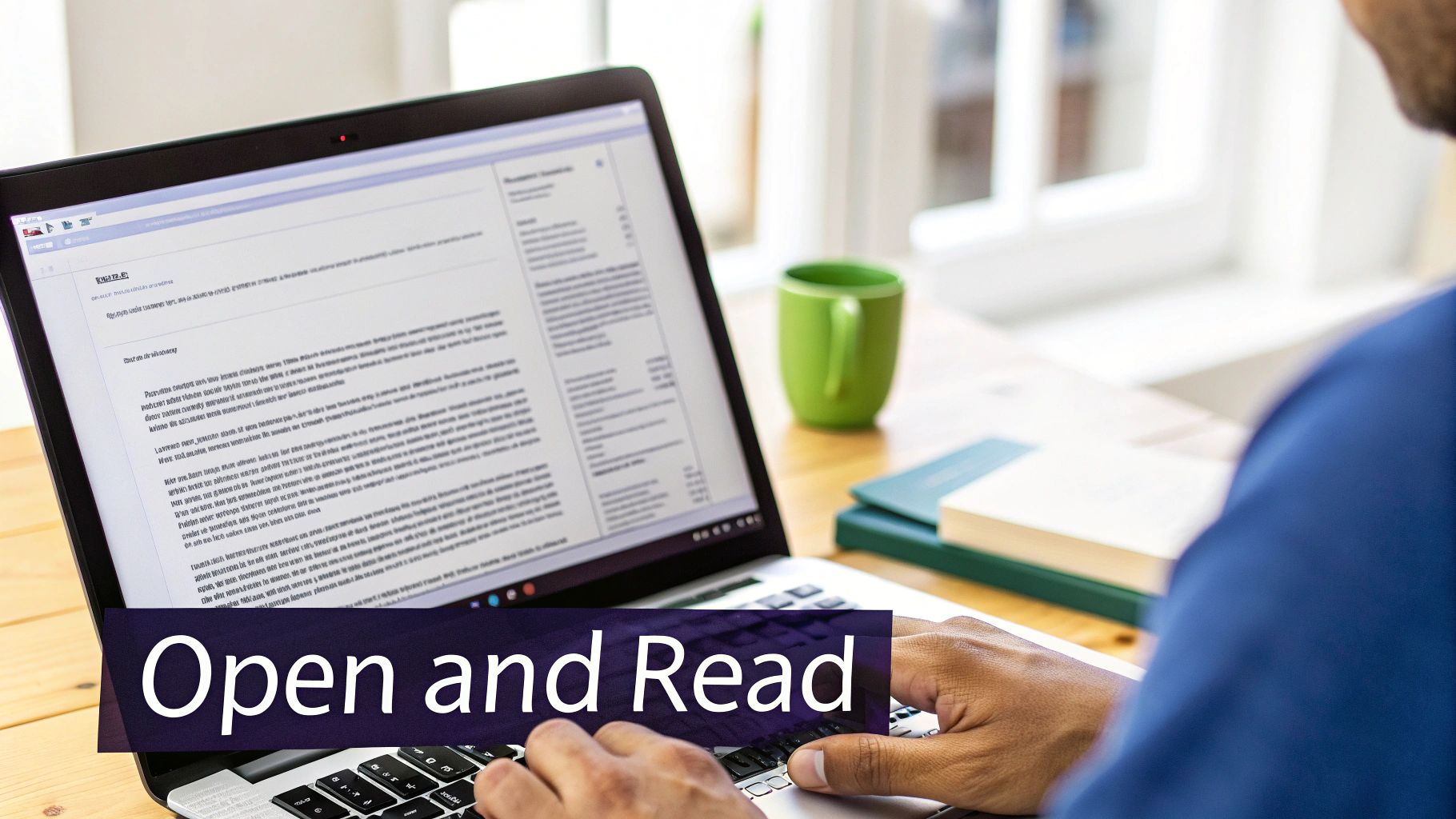 A person is typing on a laptop with the text 'Open and Read' overlaid, alongside a green mug and books.