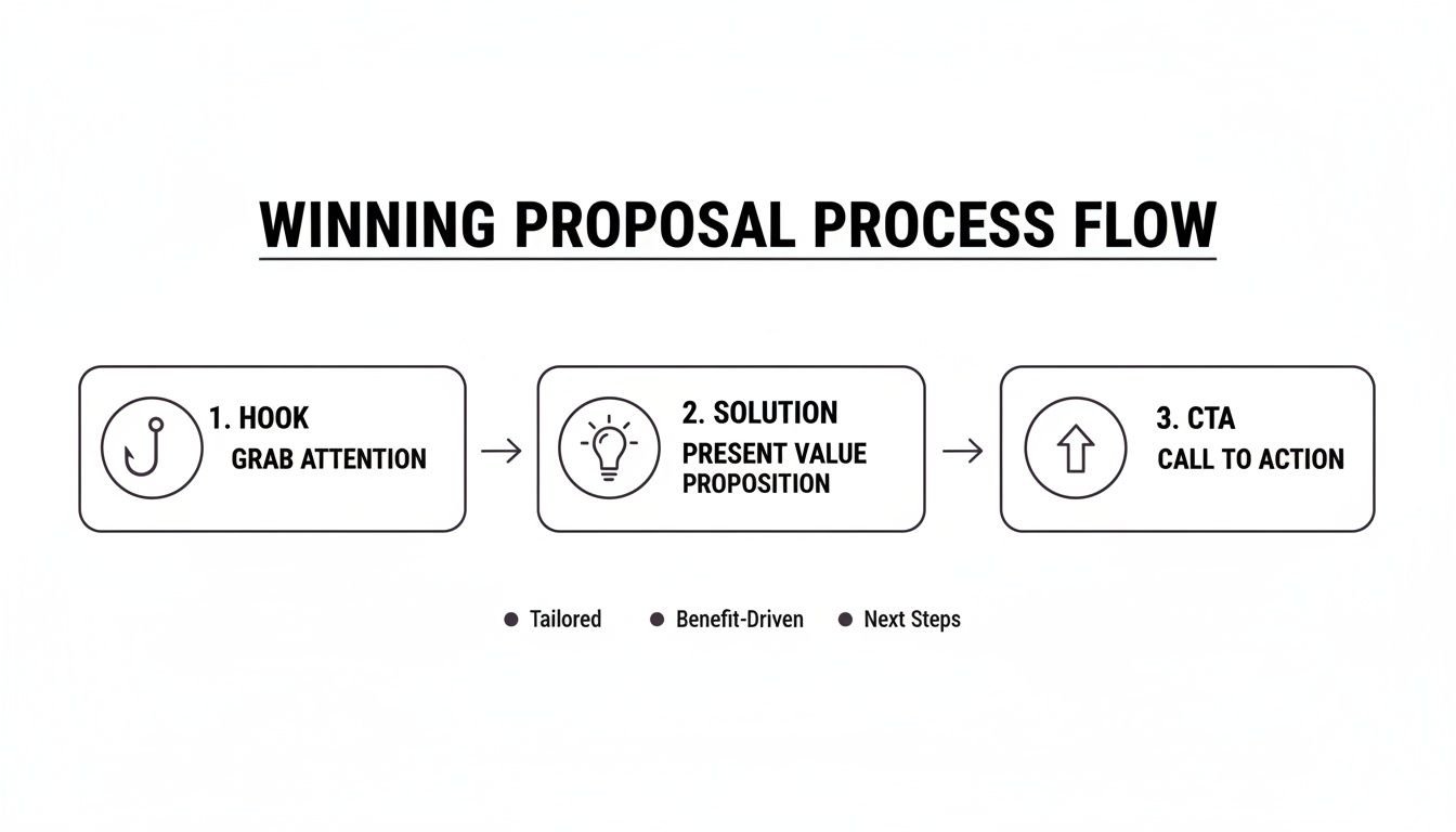Flowchart outlining a winning proposal process: hook, solution, and call to action, emphasizing tailored and benefit-driven steps.