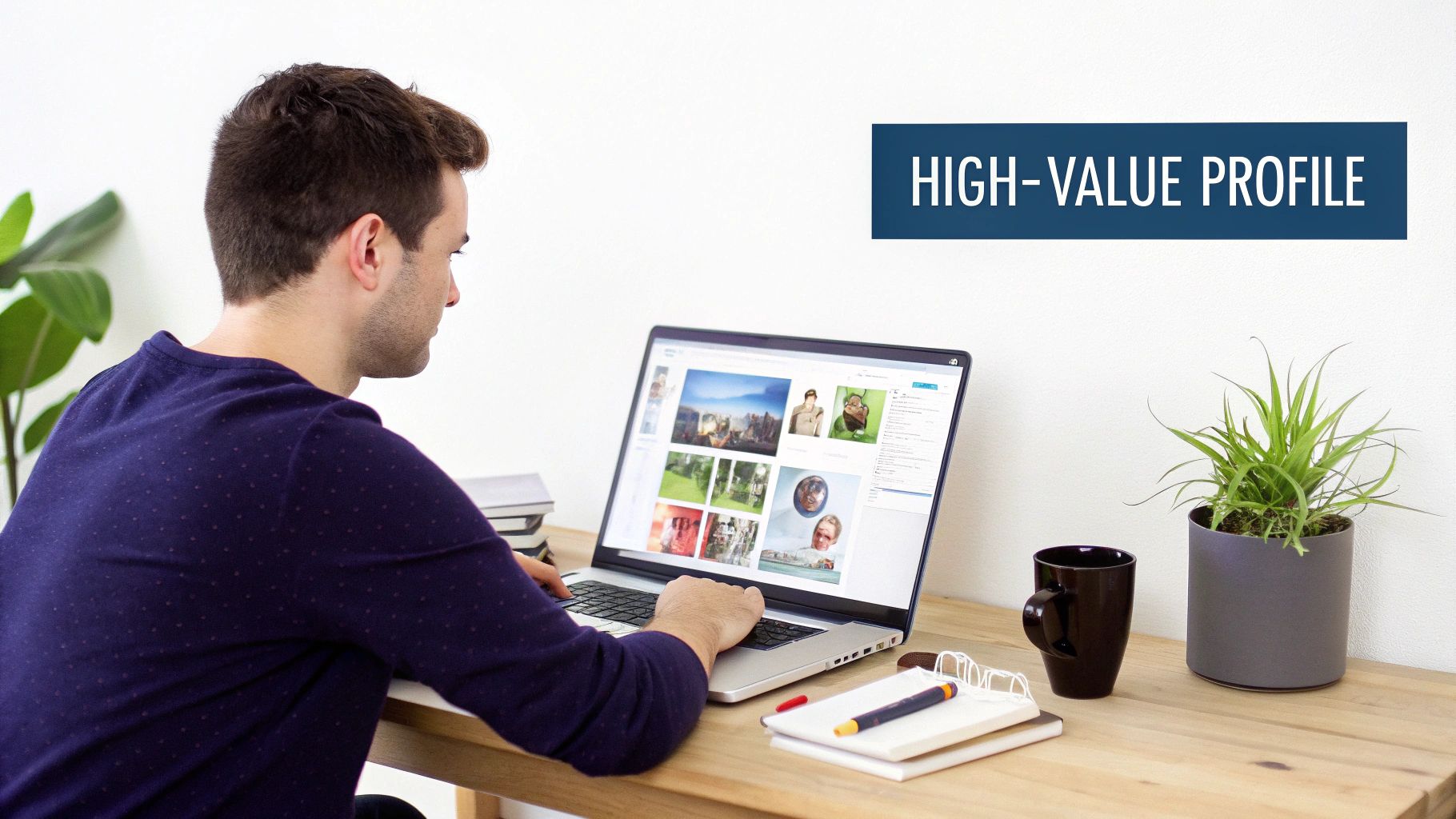 A man in a purple shirt works on a laptop at a wooden desk with a plant and mug.