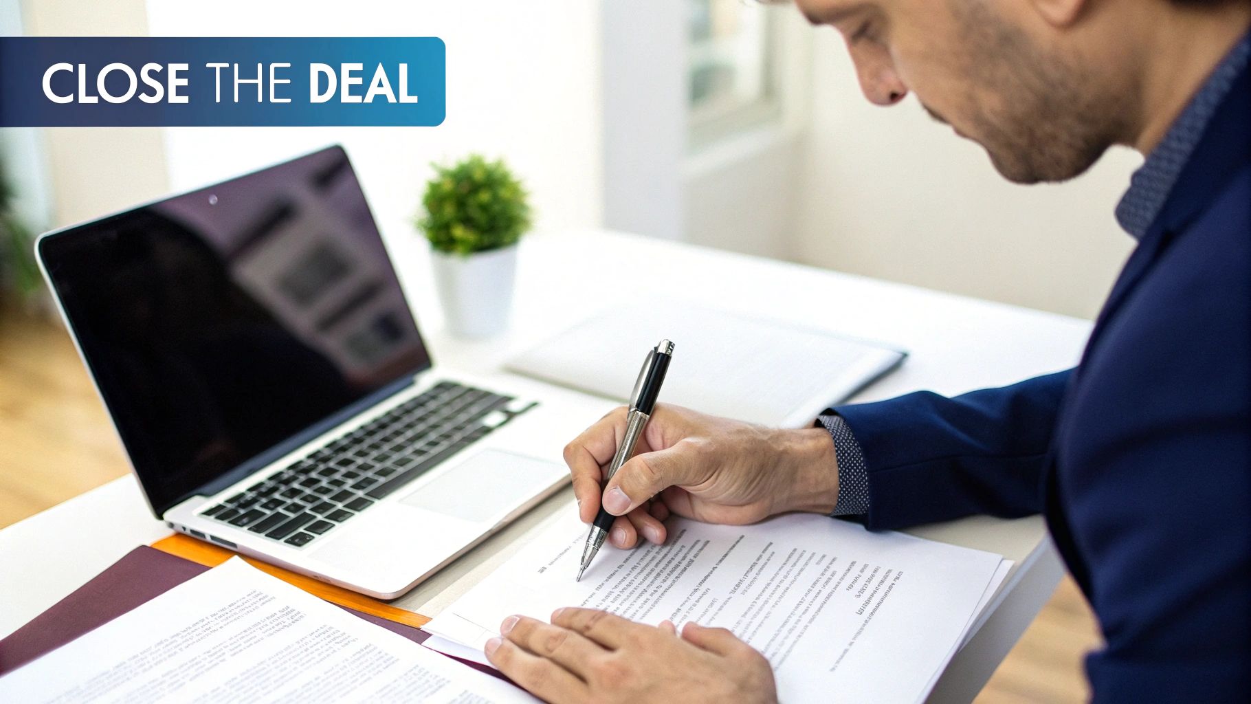 A businessman in a suit signs a contract at a desk with a laptop and papers.