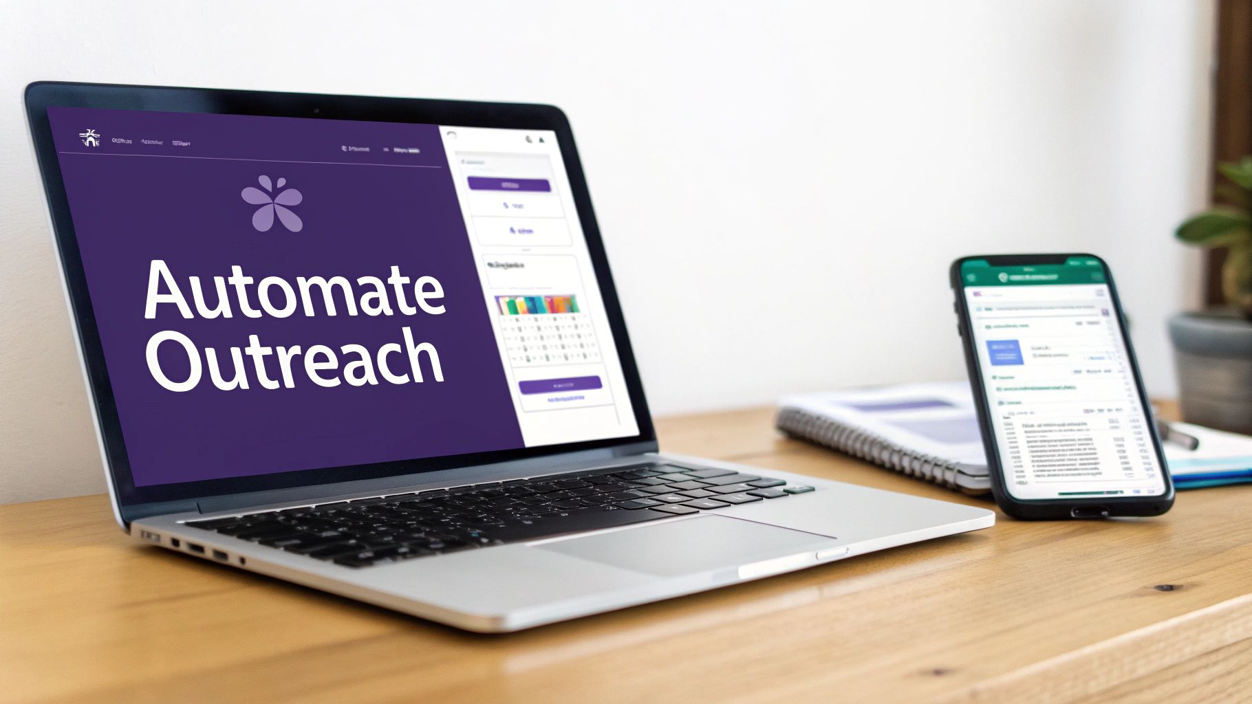 A laptop displaying 'Automate Outreach' next to a smartphone on a wooden desk.