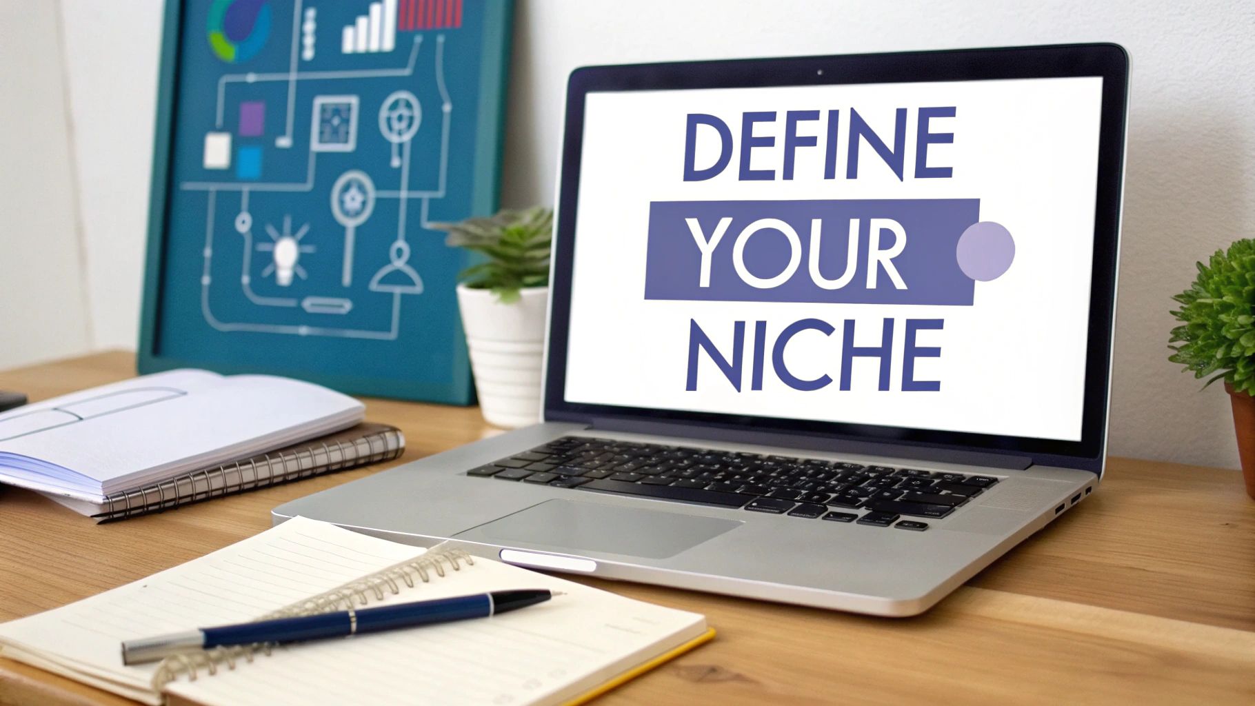 A laptop screen displays 'Define Your Niche' on a desk with notebooks and plants.