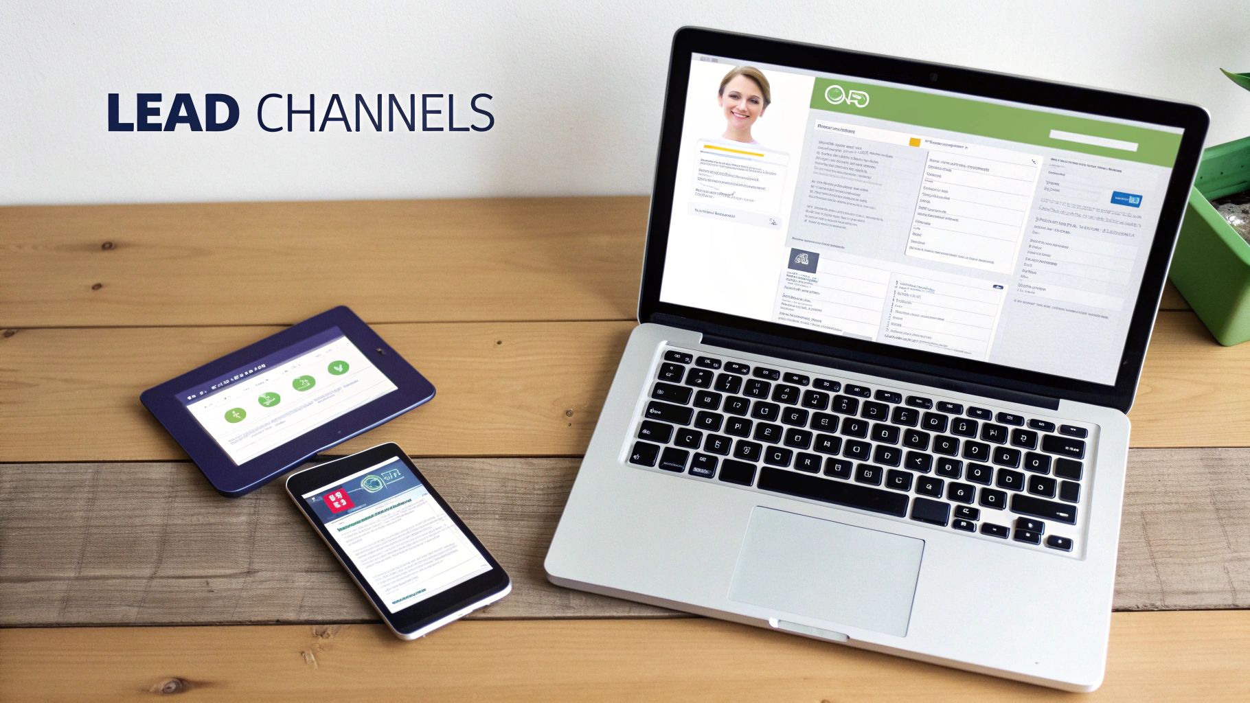 A laptop, tablet, and phone on a wooden table displaying digital content and 'LEAD CHANNELS' text.