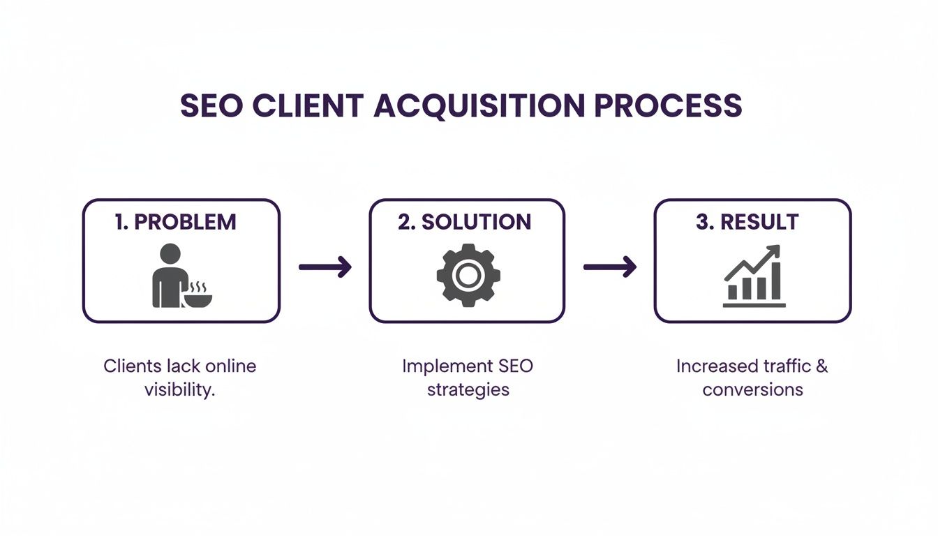 Flowchart illustrating the SEO client acquisition process, detailing problem, solution, and the positive result of increased traffic.