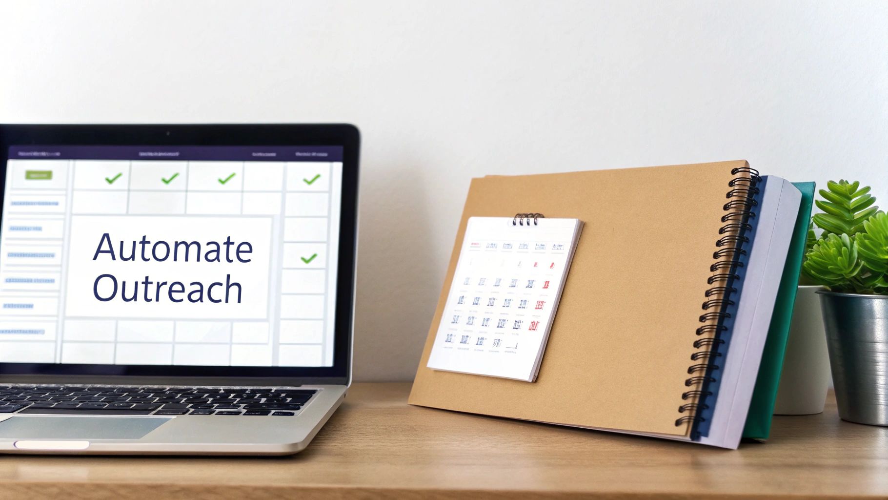 A laptop displaying 'Automate Outreach' next to a desk calendar and notebooks on a wooden table.