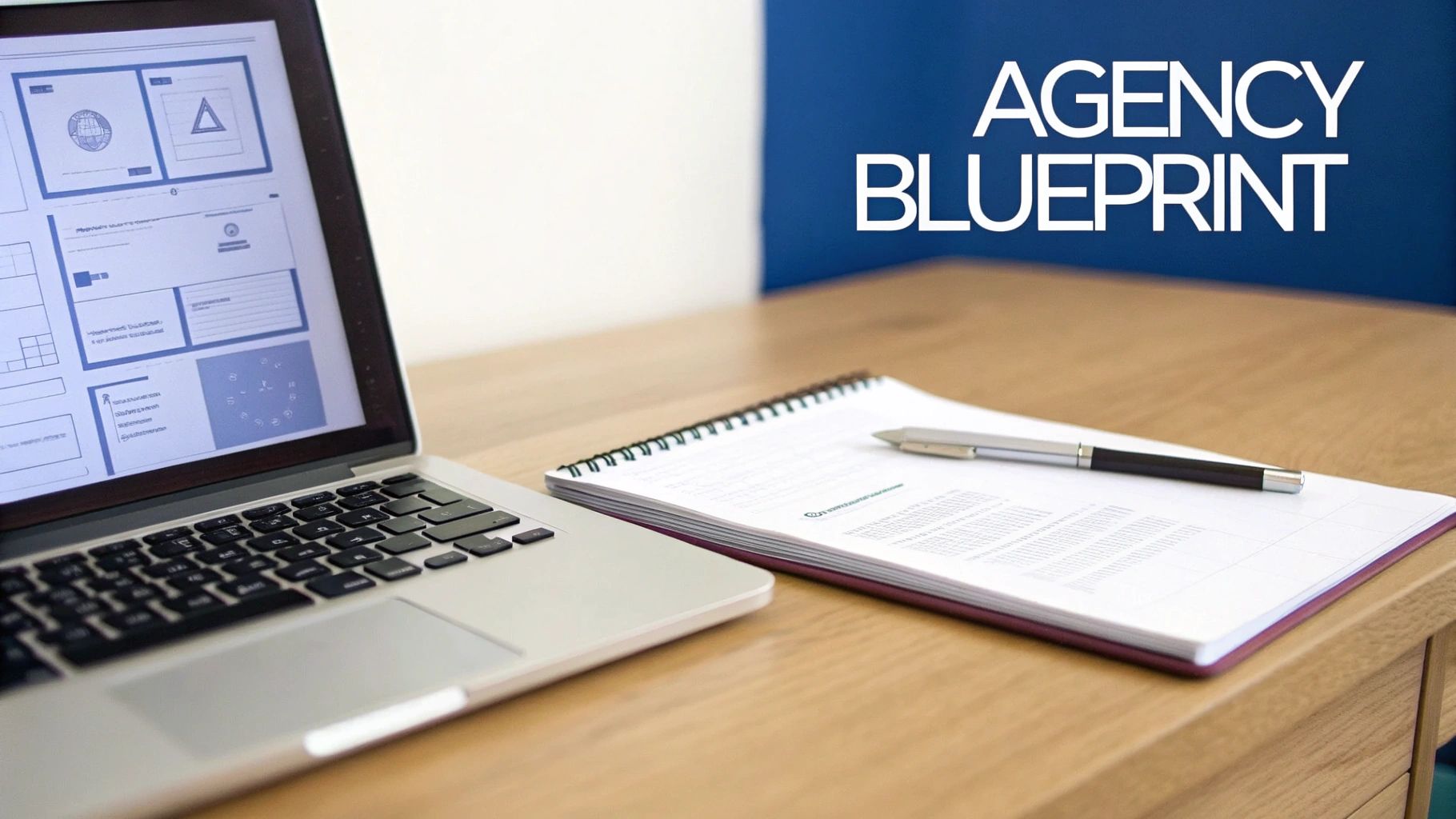 A workspace featuring a laptop showing a blueprint, a notebook, and a pen on a wooden desk.