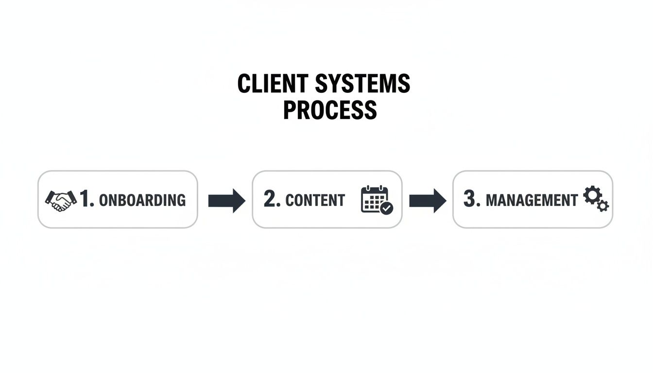 A diagram illustrating the client systems process with three steps: Onboarding, Content, and Management.
