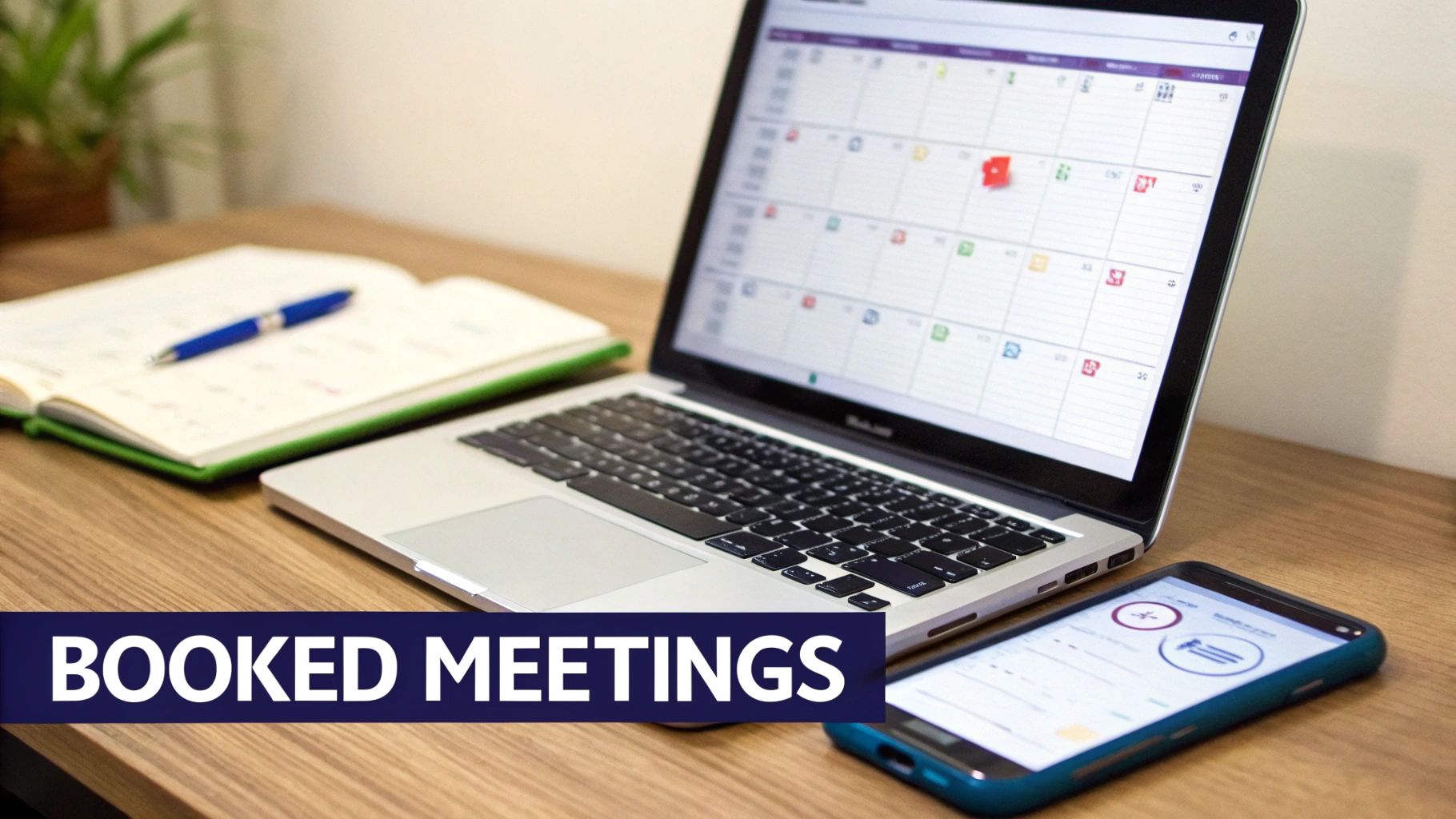 A laptop displaying a digital calendar, a smartphone, and a notebook with a pen on a wooden desk, indicating scheduled meetings.
