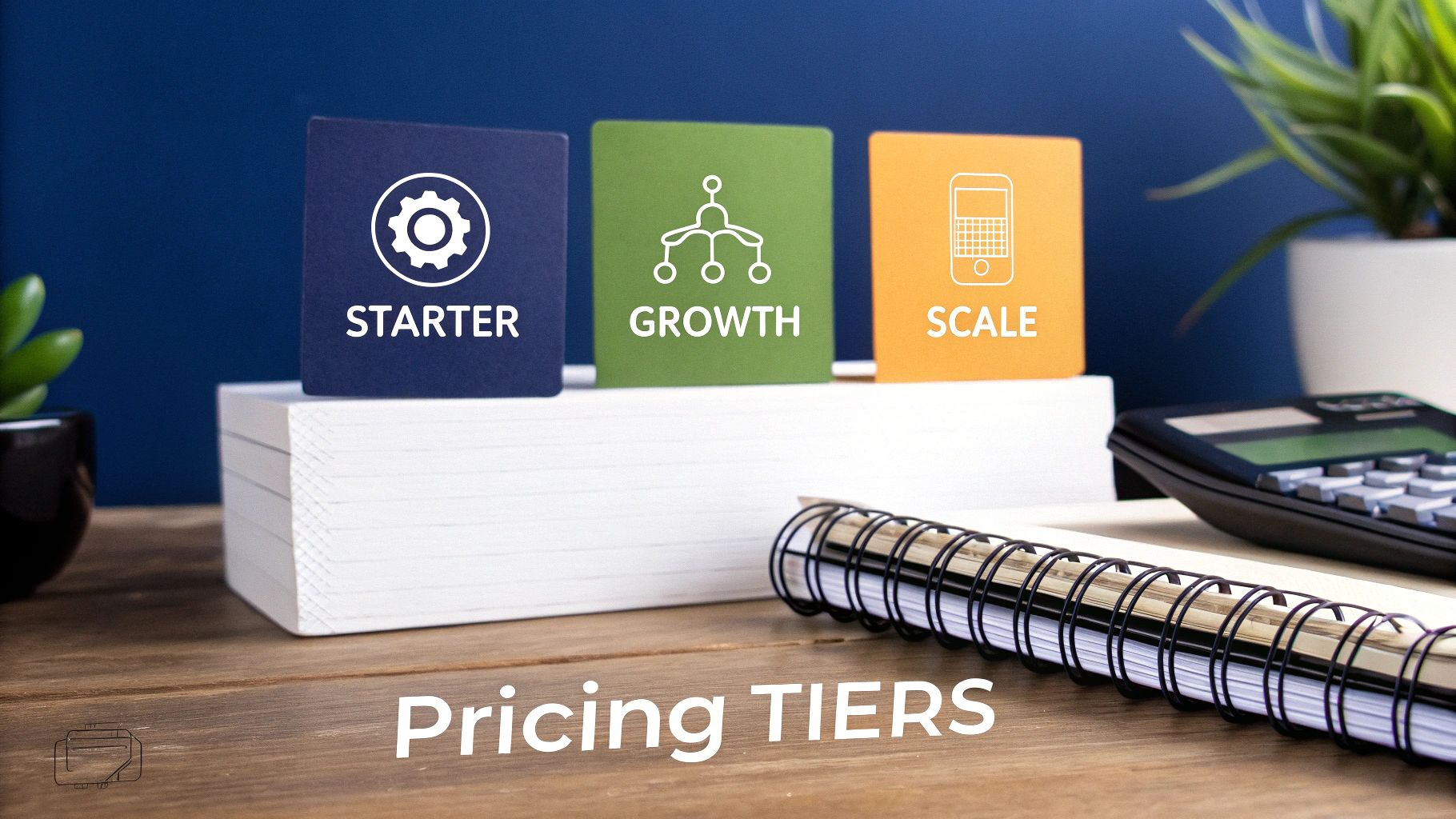 Colorful blocks illustrating Starter, Growth, and Scale pricing tiers for business development.