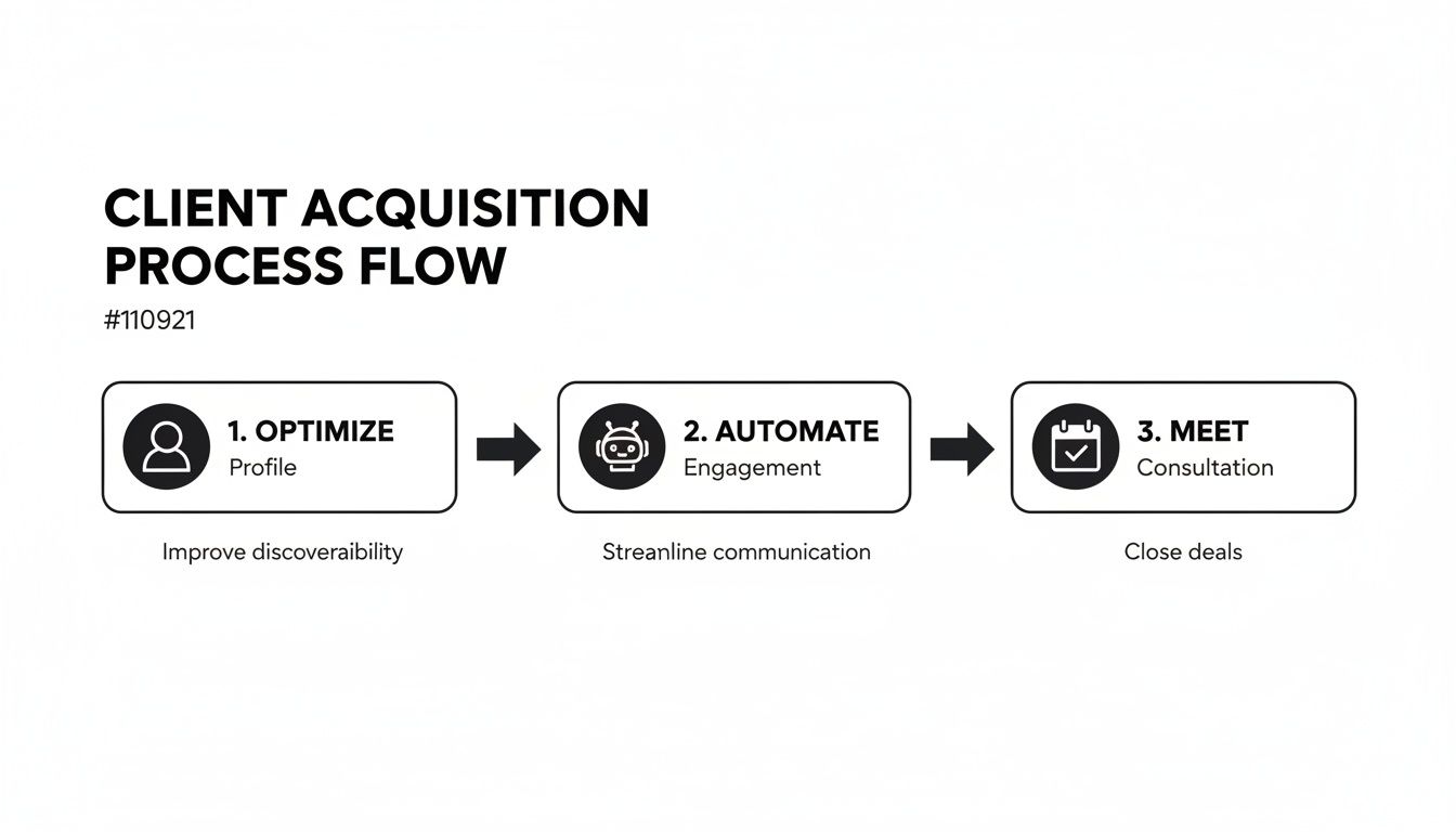 A client acquisition process flow diagram showing three steps: Optimize, Automate, and Meet.