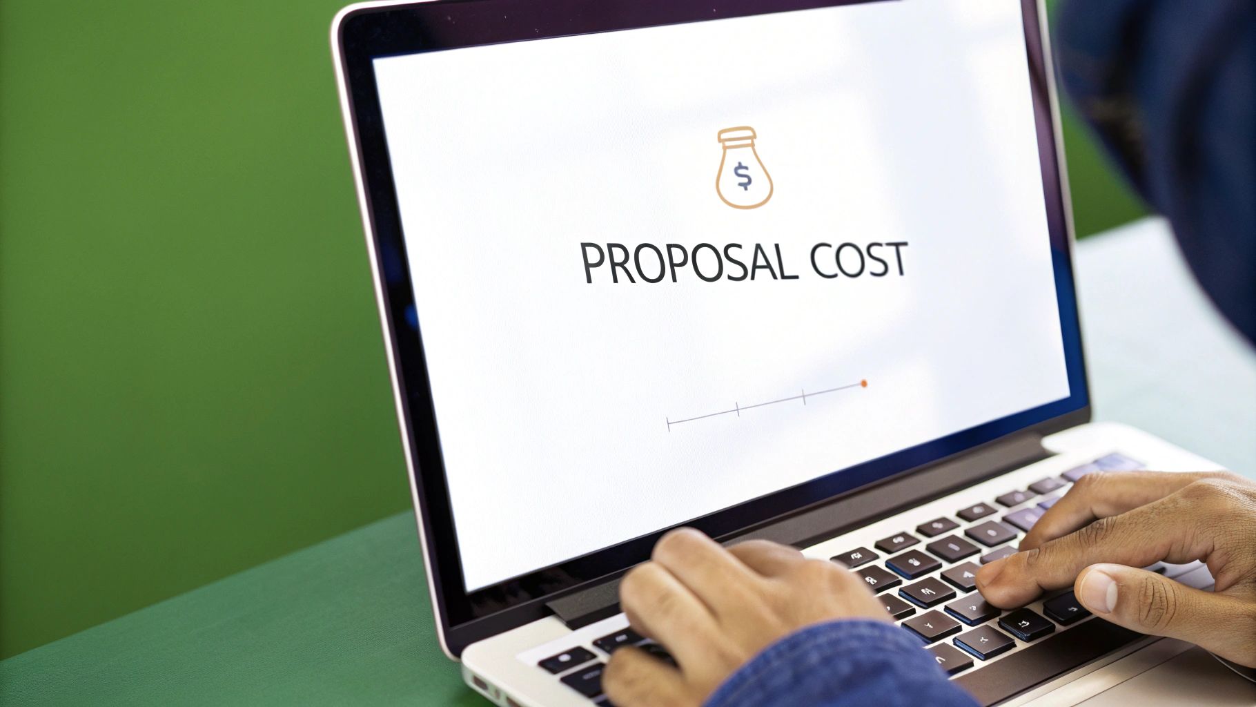 A person types on a laptop screen displaying 'PROPOSAL COST' with a money bag icon.