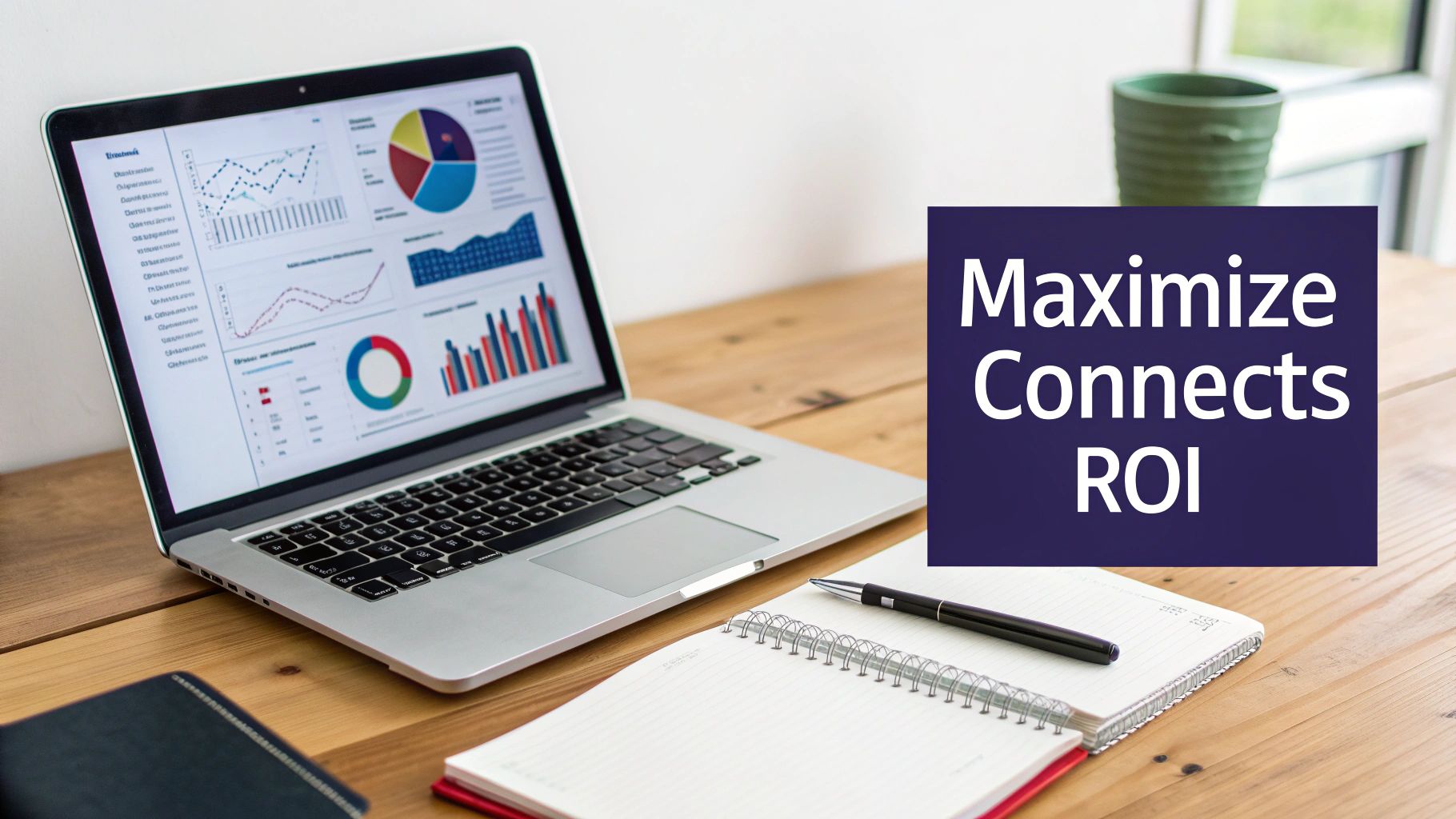 Laptop displaying analytics charts and graphs on a desk with a notebook, beside text 'Maximize Connects ROI'.