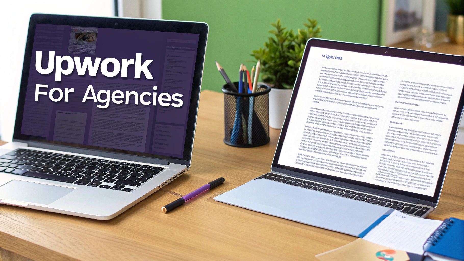 Two laptops on a wooden desk, one displaying 'Upwork For Agencies' and another with a document, alongside office supplies.