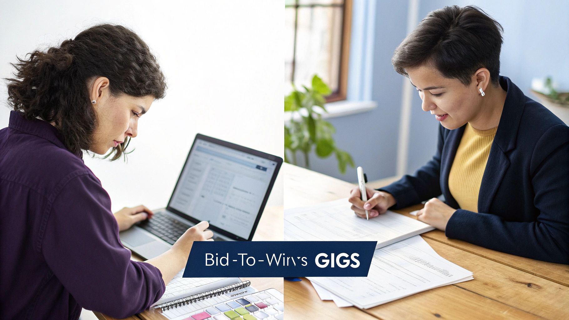 Side-by-side image of women working: one typing on a laptop, another writing, for online gigs.
