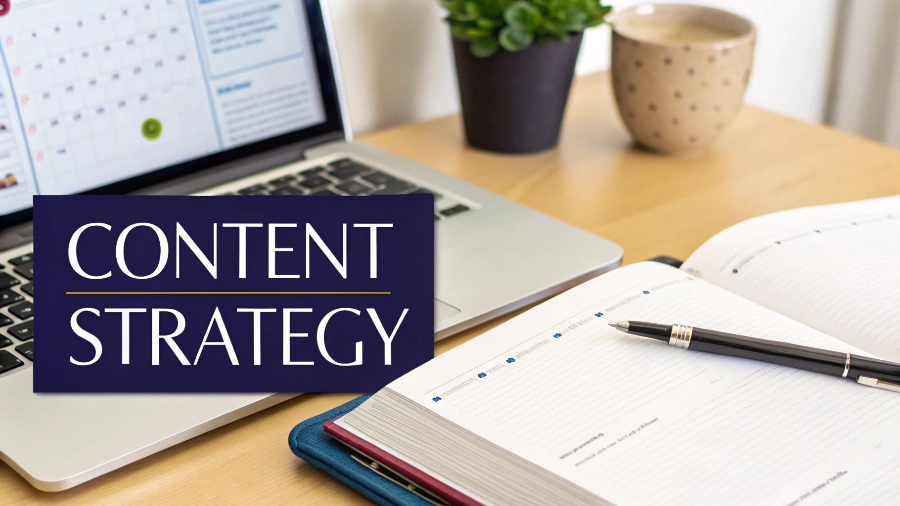 Workspace showing a laptop, planner, coffee, and text 'CONTENT STRATEGY' for business planning.