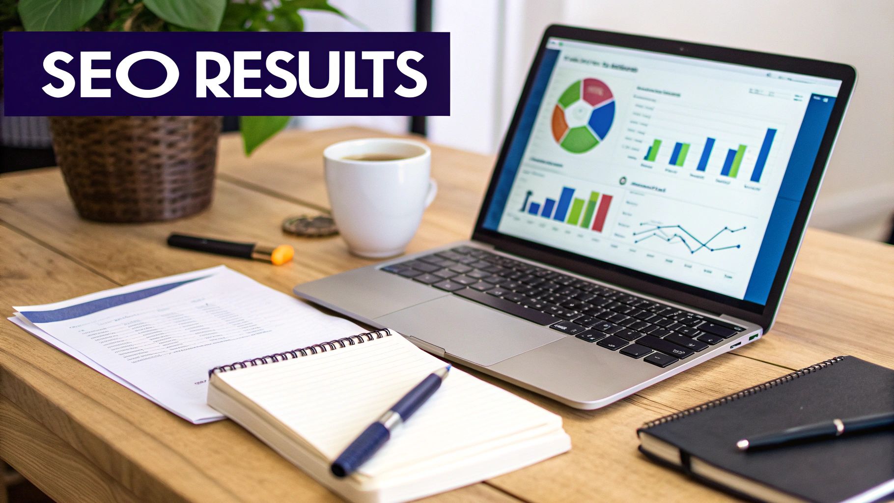 Laptop displaying SEO results analytics with charts on a wooden desk, alongside documents, notebooks, and coffee.