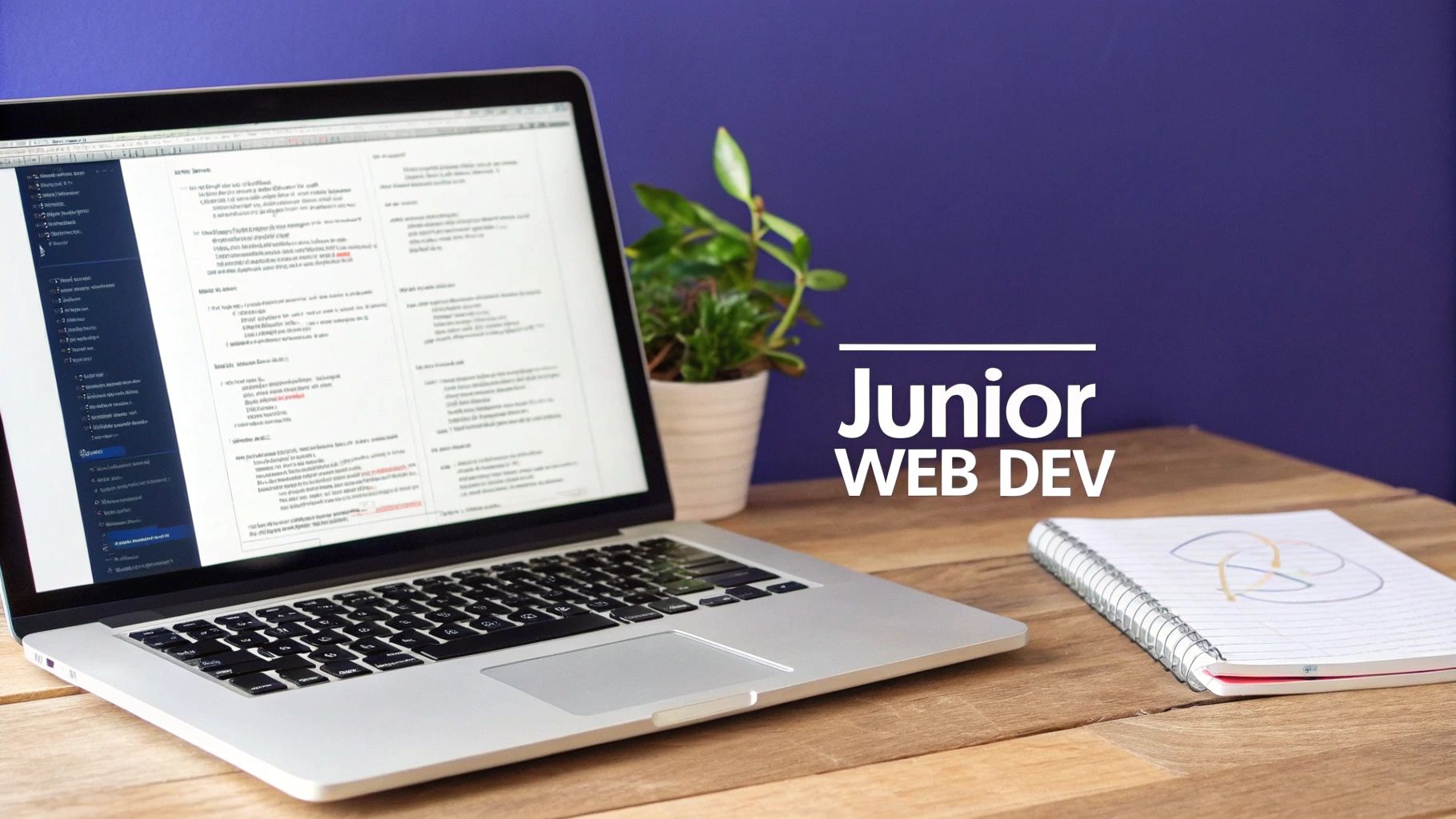 A laptop displaying code and text, a plant, and a notebook on a wooden desk with a purple wall, featuring 'Junior WEB DEV' text.