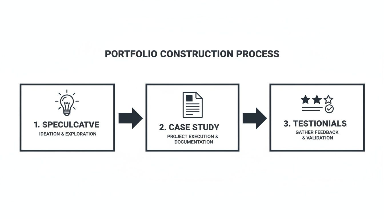 A diagram outlining a three-step portfolio construction process: speculative, case study, and testimonials.