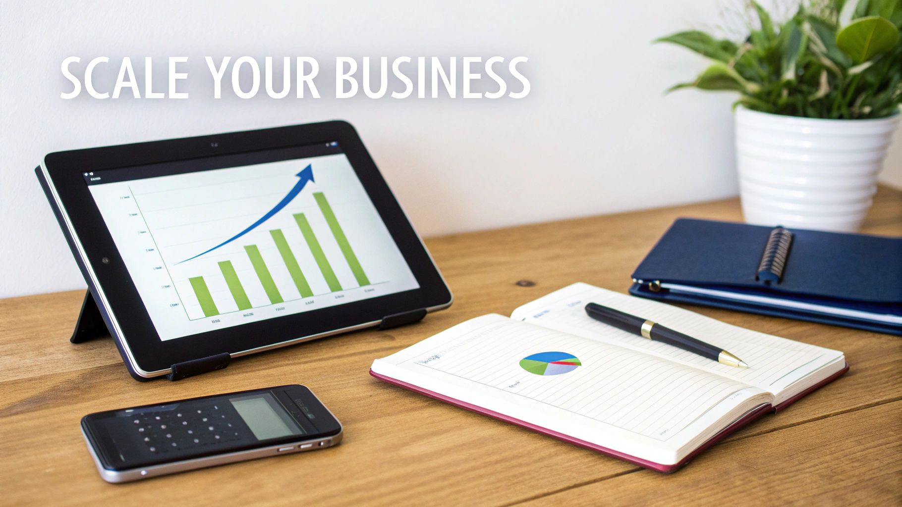 A desk with a tablet showing a business growth chart, smartphone, notebooks, and text 'SCALE YOUR BUSINESS'.