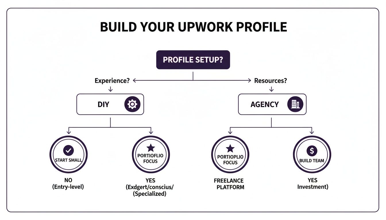 Flowchart illustrating two strategies for building an Upwork profile: DIY or Agency, based on experience and resources.
