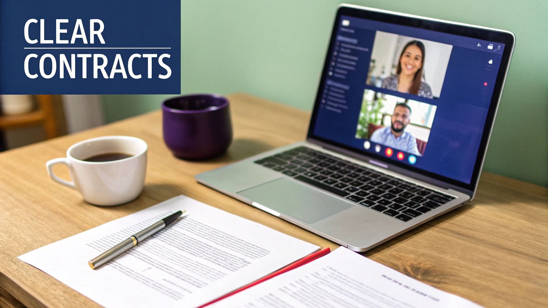 A desk with a laptop showing a video call, documents, a pen, coffee, and text 'CLEAR CONTRACTS'.