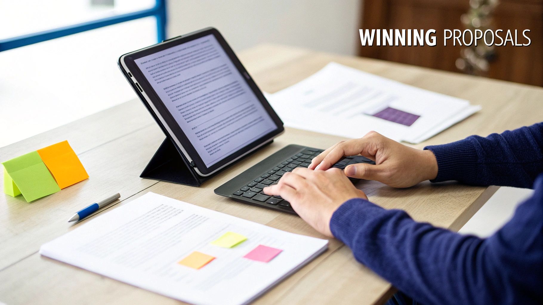 Person typing on a keyboard with a tablet and documents, preparing winning proposals on a modern desk.