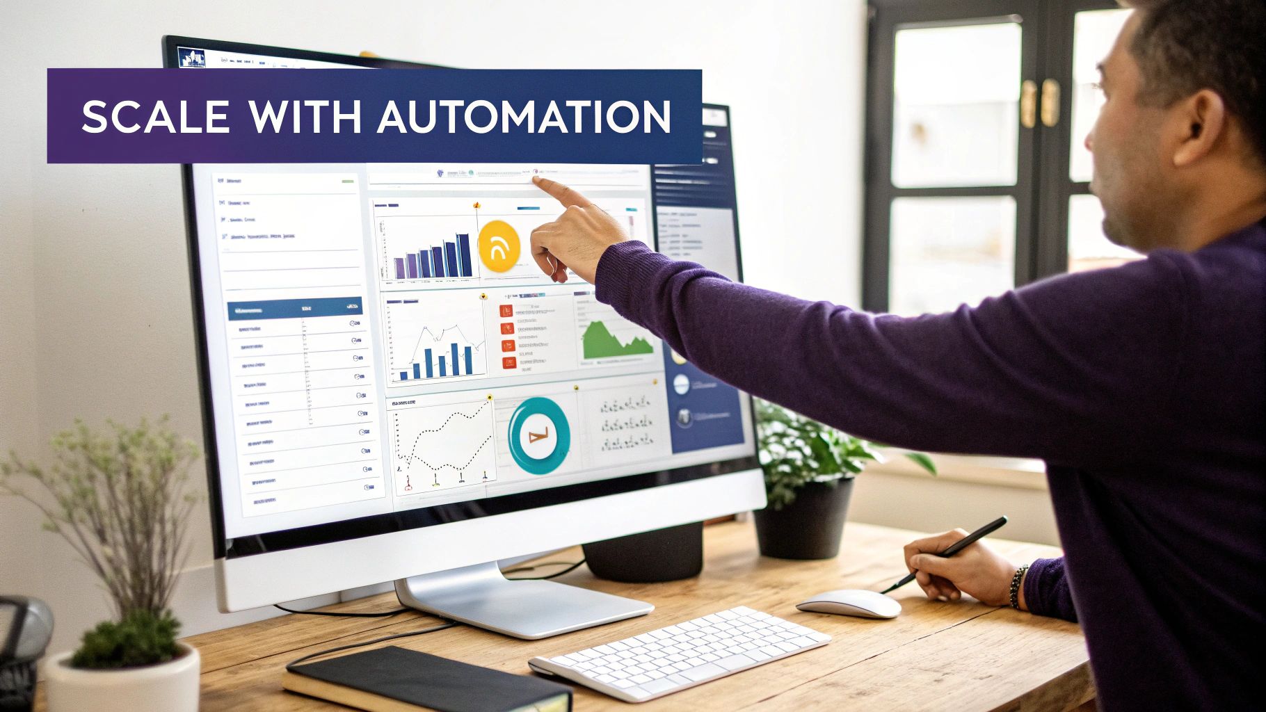 Man points at a computer screen displaying business dashboards and charts, emphasizing automation.