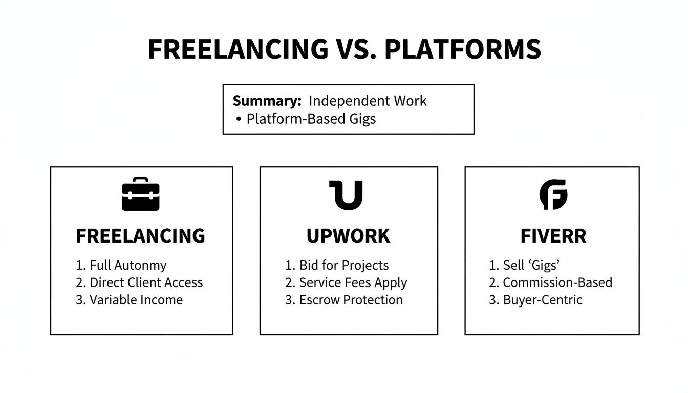 A comparison diagram outlining features of freelancing, Upwork, and Fiverr platforms for independent work.