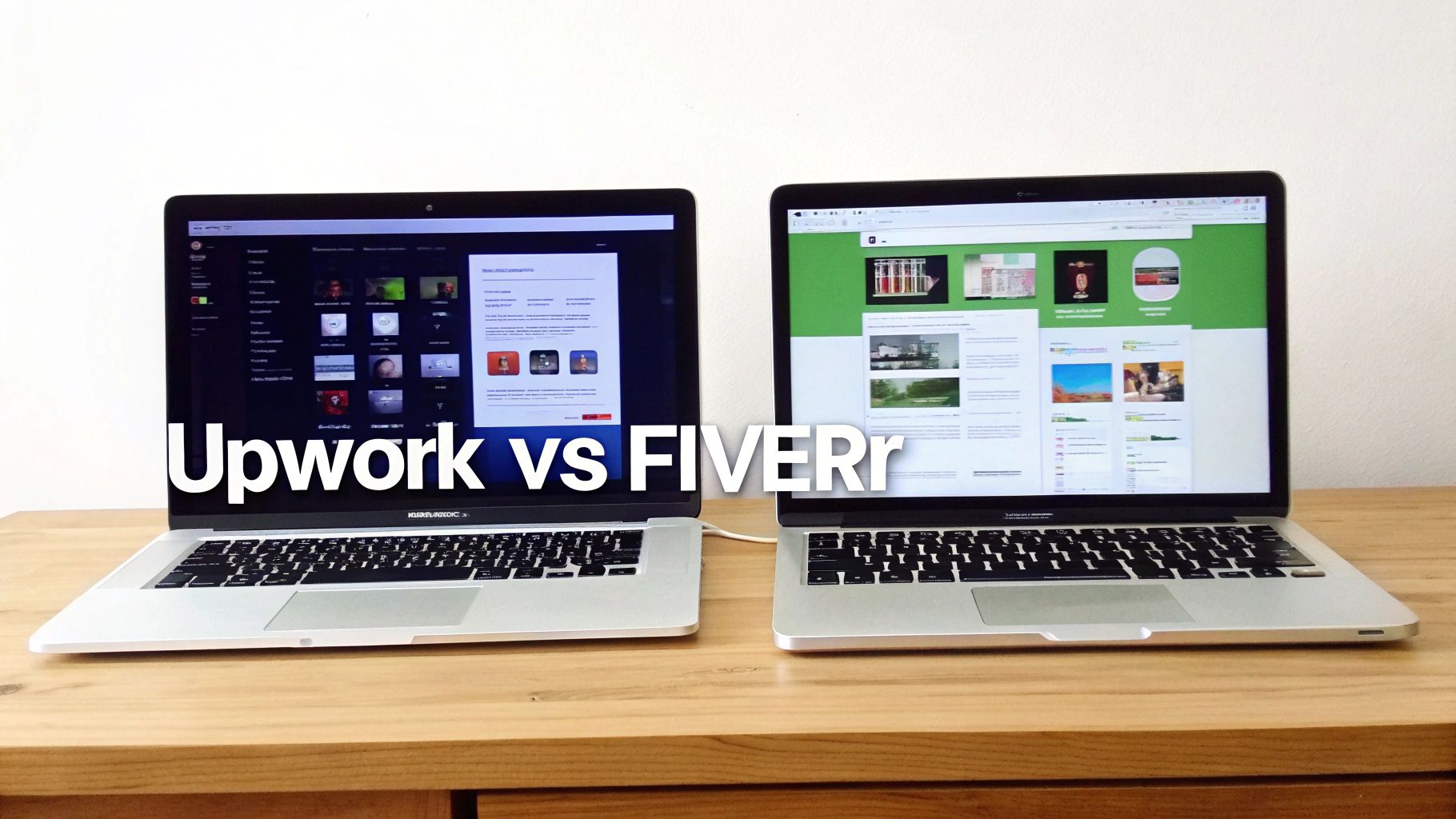 Two laptops on a wooden table display Upwork and Fiverr interfaces for freelancing platforms comparison.