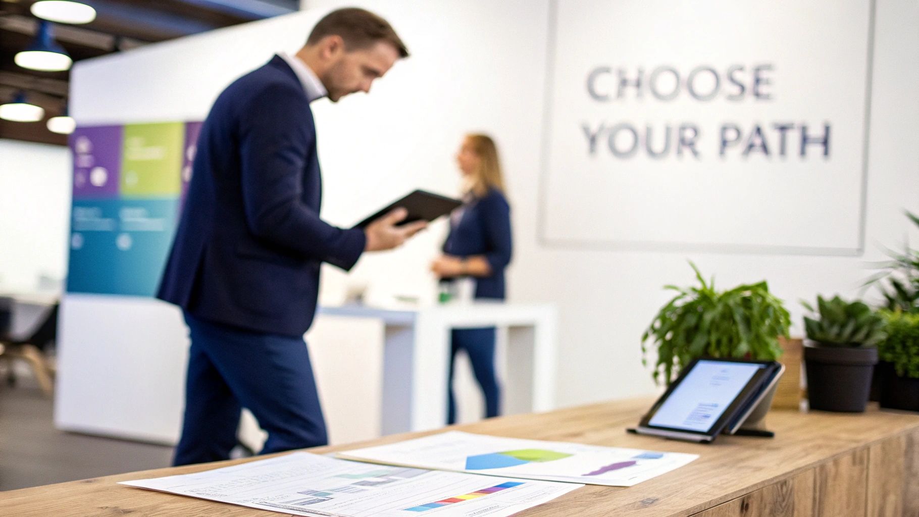Professional man reviews data on a tablet in a modern office with charts and a sign.