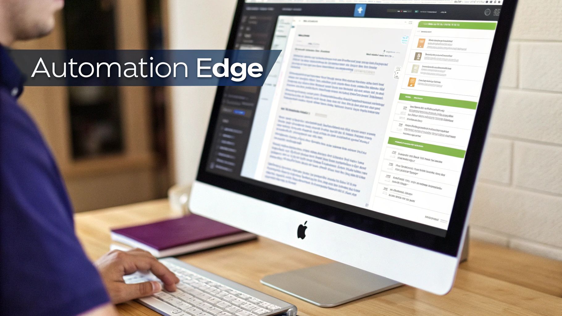 A person using an Apple iMac computer with "Automation Edge" text overlay on screen.