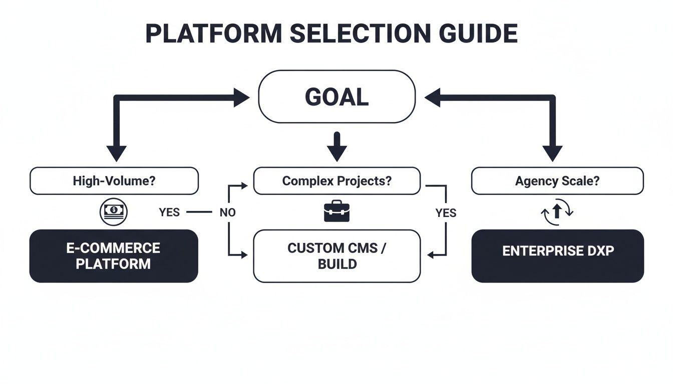 Flowchart illustrating a platform selection guide based on business goals, leading to e-commerce, custom CMS, or enterprise DXP.