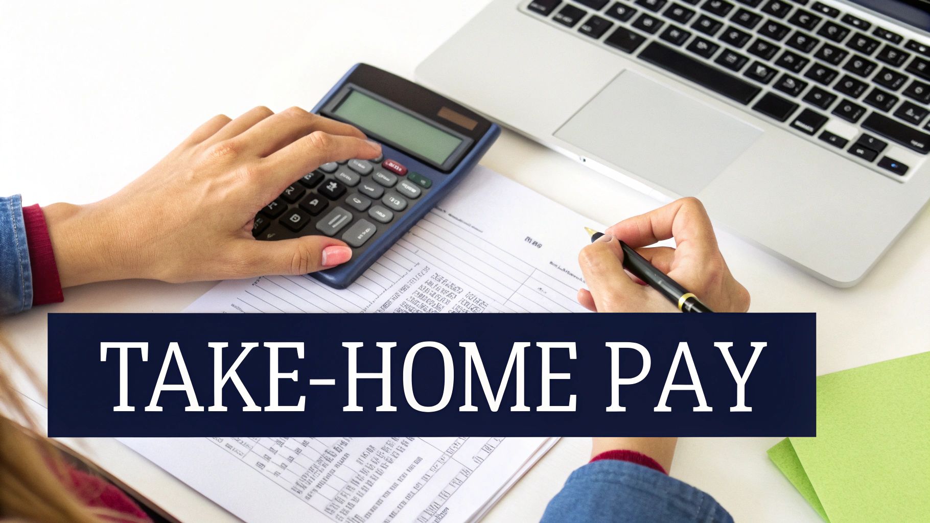 A person calculates take-home pay using a calculator, pen, and paper, with a laptop nearby.