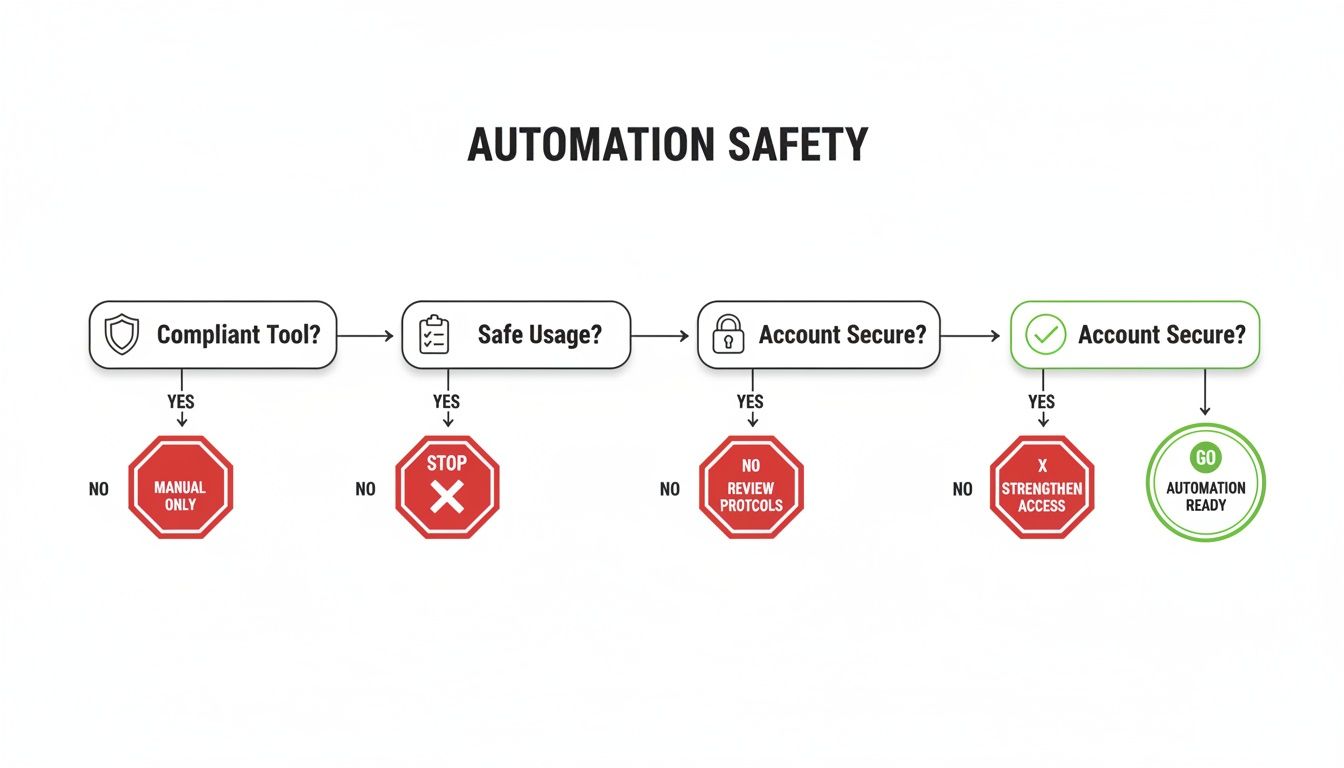 Flowchart illustrating steps for automation safety, including tool compliance, safe usage, and account security.
