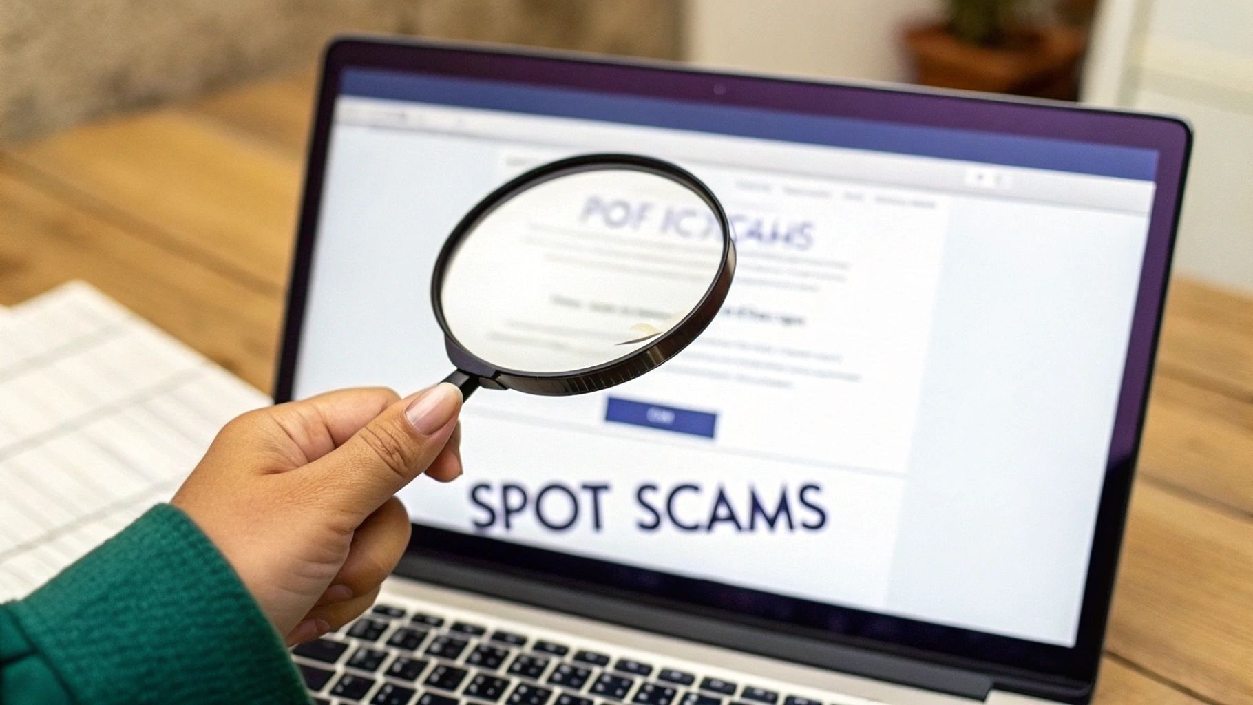 A person's hand holds a magnifying glass over a laptop screen displaying 'SPOT SCAMS' text.