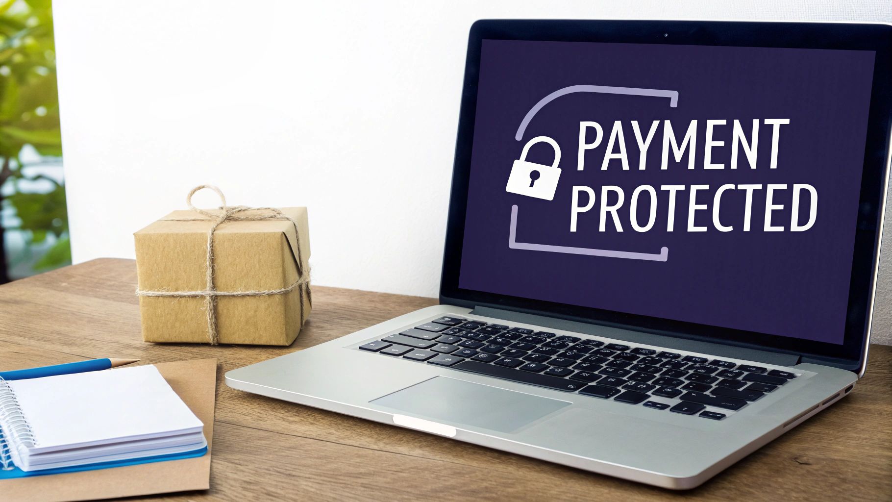 Laptop screen shows 'PAYMENT PROTECTED' with a padlock icon, next to a gift box and notepad.