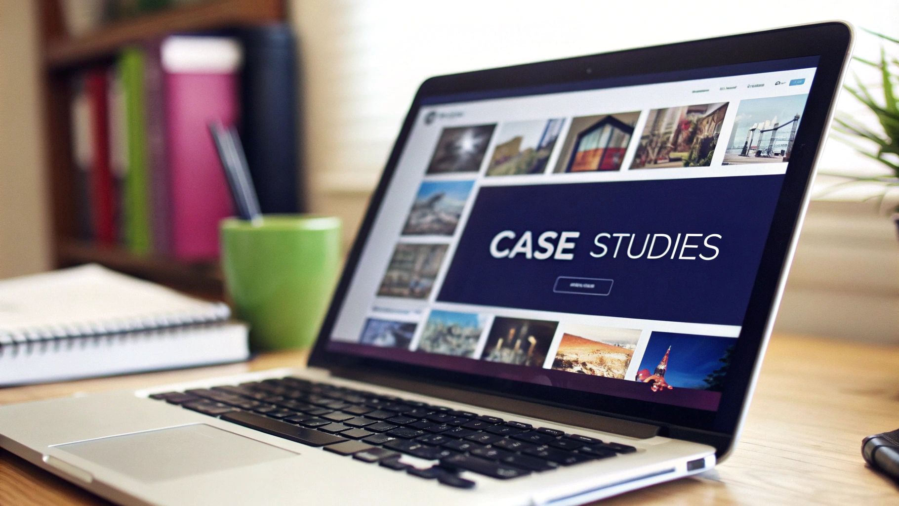 A laptop displaying a 'CASE STUDIES' website, with a notebook and pens on a desk.