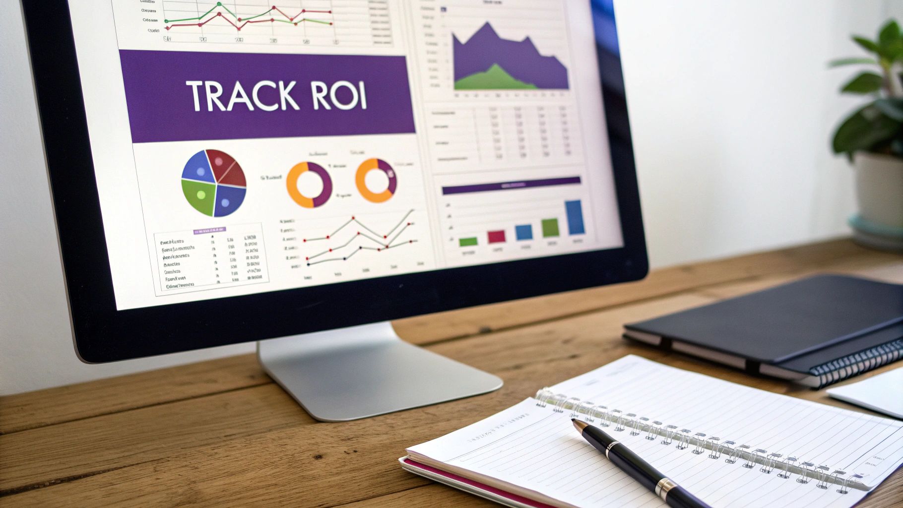 A computer monitor displays business analytics, charts, and 'TRACK ROI' on a wooden desk.