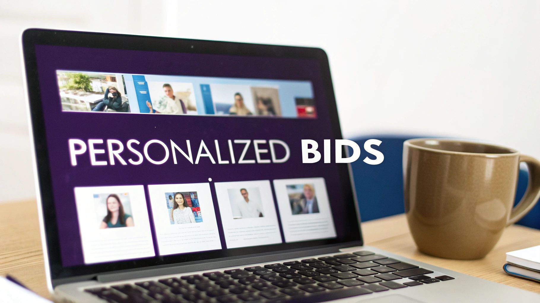 A laptop screen displaying 'PERSONALIZED BIDS' with user profiles, a coffee mug, and notebooks on a desk.