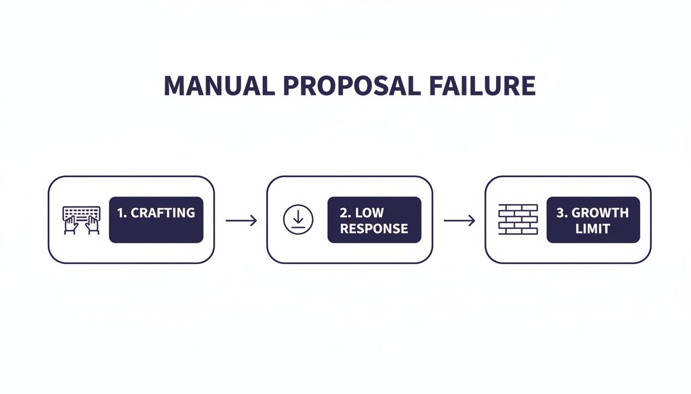 A three-step diagram illustrating the process of manual proposal failure, leading to limited growth.